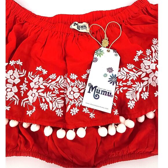 Show Me Your Mumu Teagan Pom Pom Crop Top Firecracker Red with White Embroidery - Picture 4 of 8